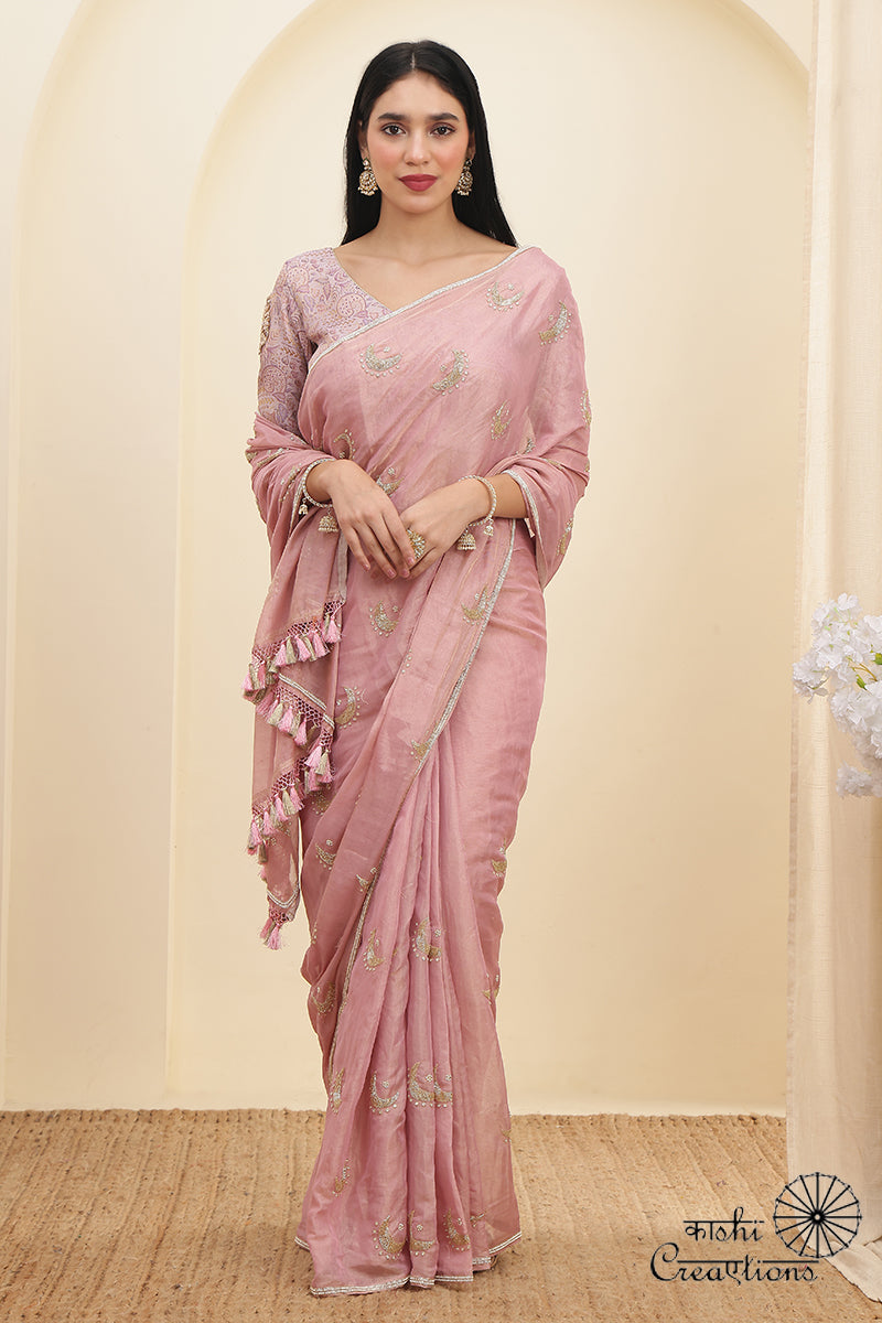 Blush Pink Pure Tissue Silk Hand work Banarasi Saree