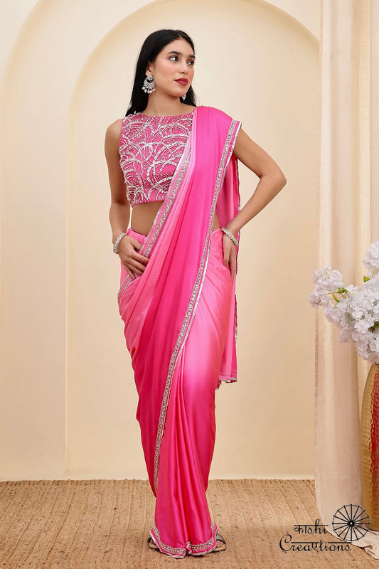 Pink Shaded Pure Mashru Silk Handwoven Banarasi Saree with Hand embroidery