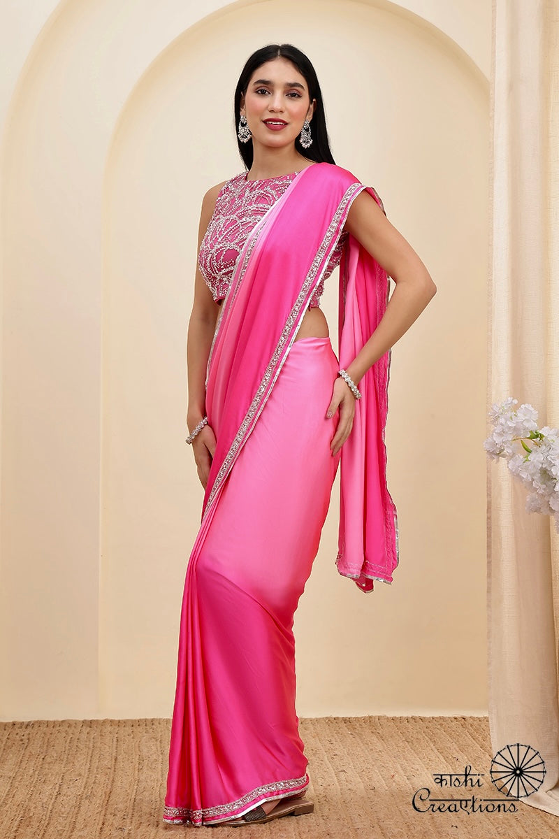 Pink Shaded Pure Mashru Silk Handwoven Banarasi Saree with Hand embroidery