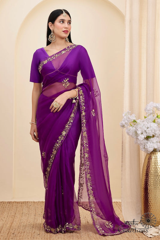 Purple Pure Kora  Silk Hand work Banarasi Saree