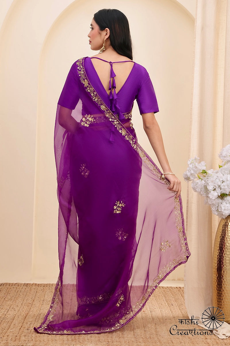 Purple Pure Kora  Silk Hand work Banarasi Saree