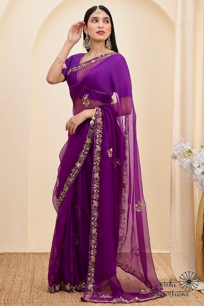Purple Pure Kora  Silk Hand work Banarasi Saree