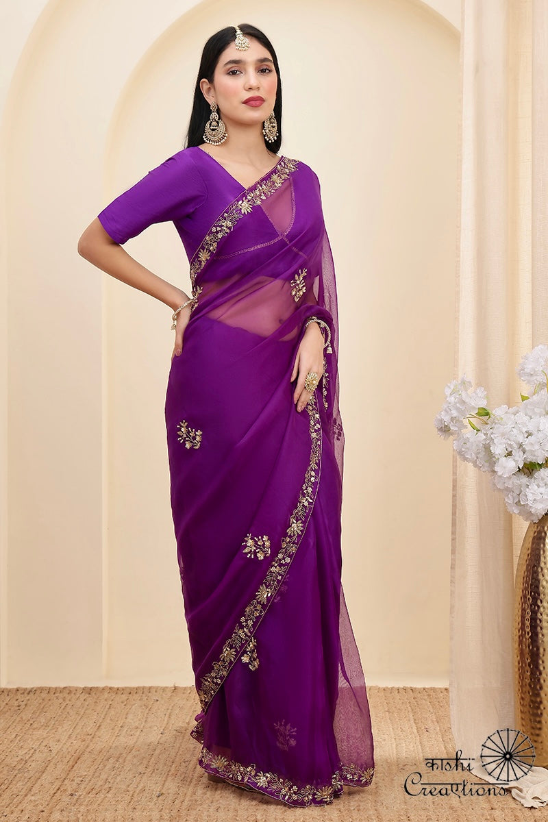 Purple Pure Kora  Silk Hand work Banarasi Saree