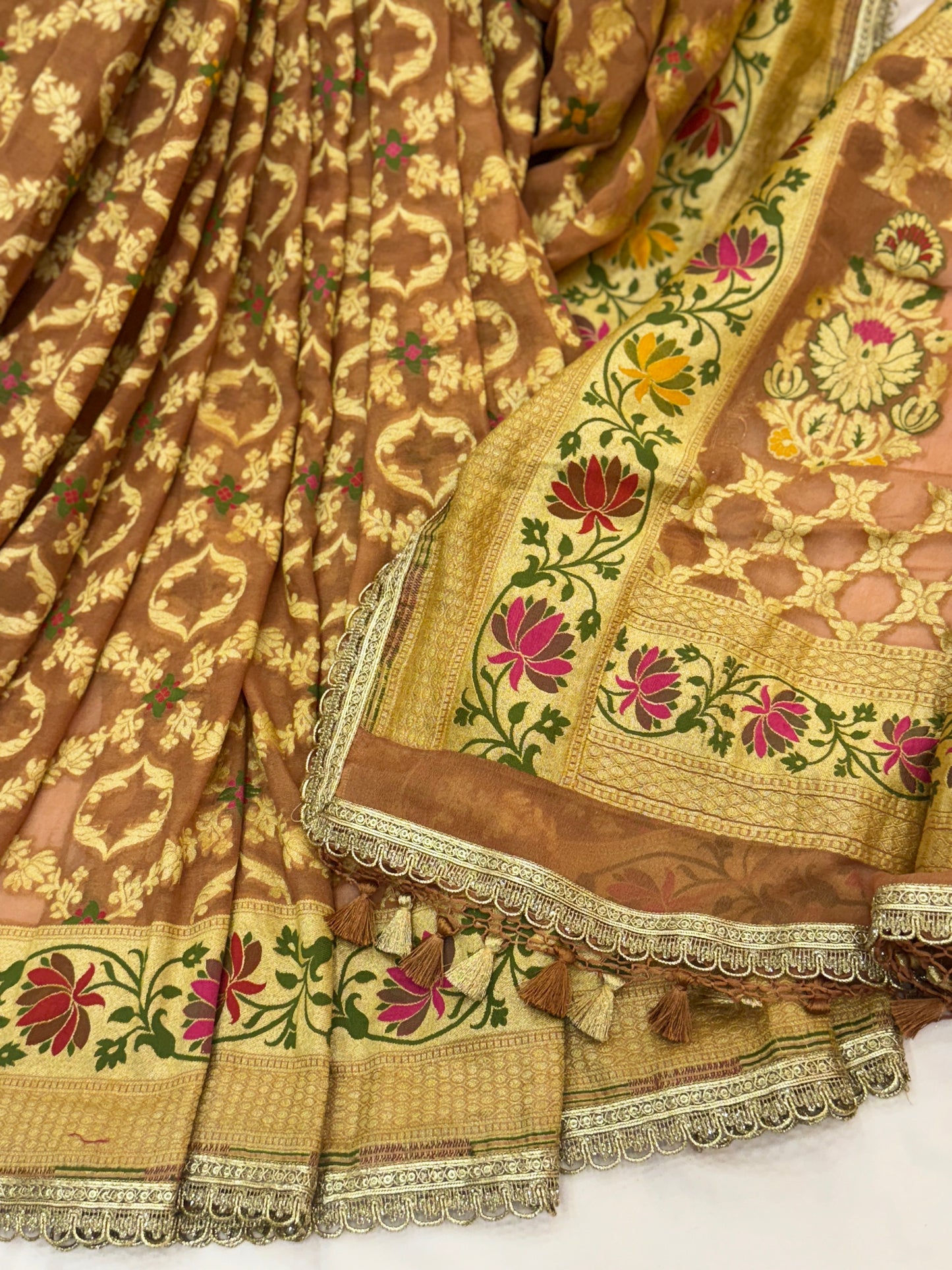 Light Brown  Pure Khaddi Georgette Handloom Banarasi Saree
