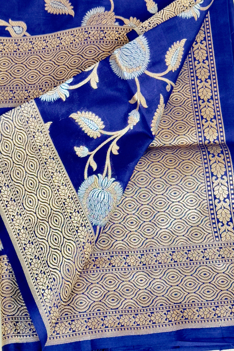 Royal Blue Pure Katan Silk Jaal Handwoven Banarasi Dupatta