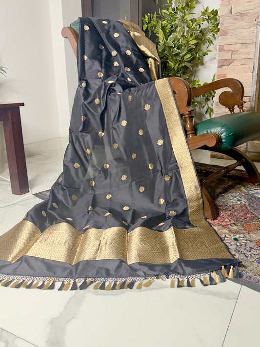 Black Pure Katan Silk Handloom Banarasi Dupatta