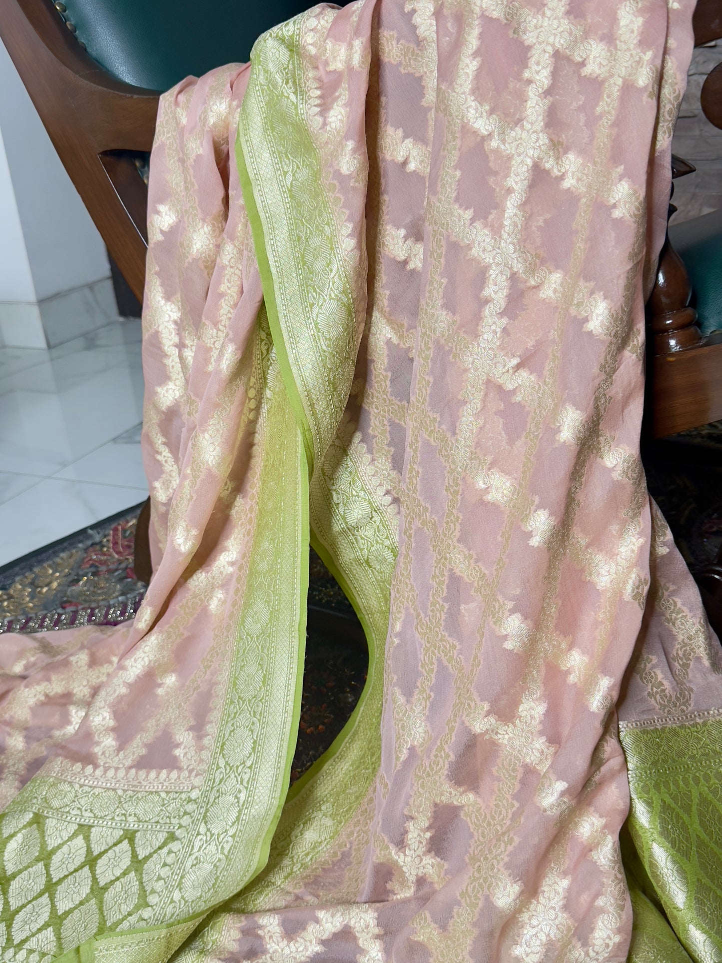 Rose Gold  Pink and Green Pure Khaddi Georgette Handwoven Banarasi Dupatta