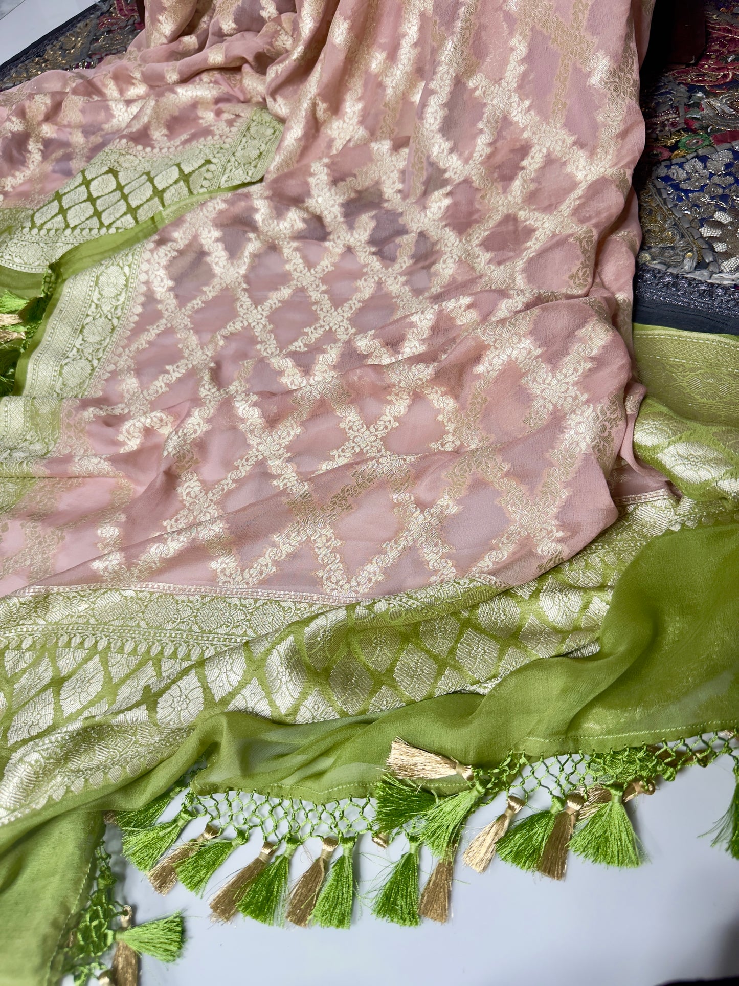 Rose Gold  Pink and Green Pure Khaddi Georgette Handwoven Banarasi Dupatta