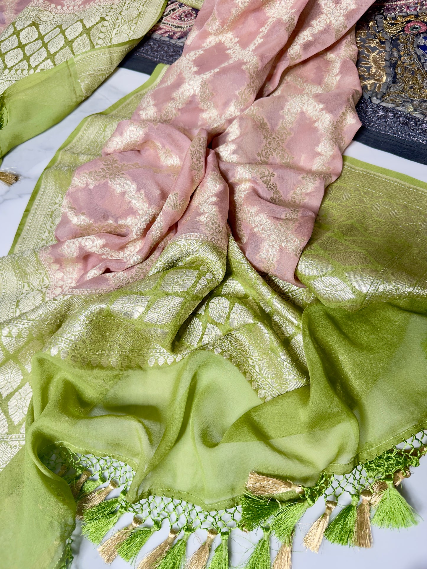 Rose Gold  Pink and Green Pure Khaddi Georgette Handwoven Banarasi Dupatta