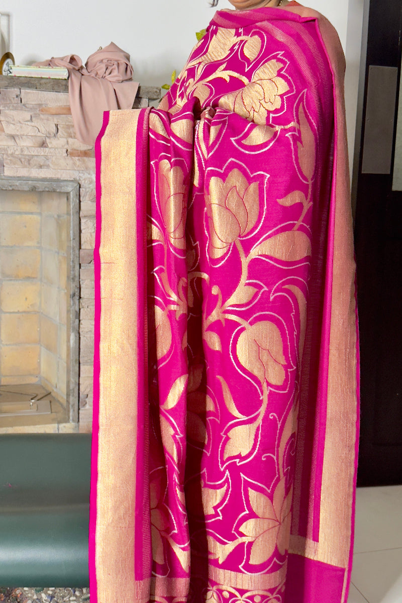 Rani Pink Pure Munga Silk Handloom Banarasi Dupatta