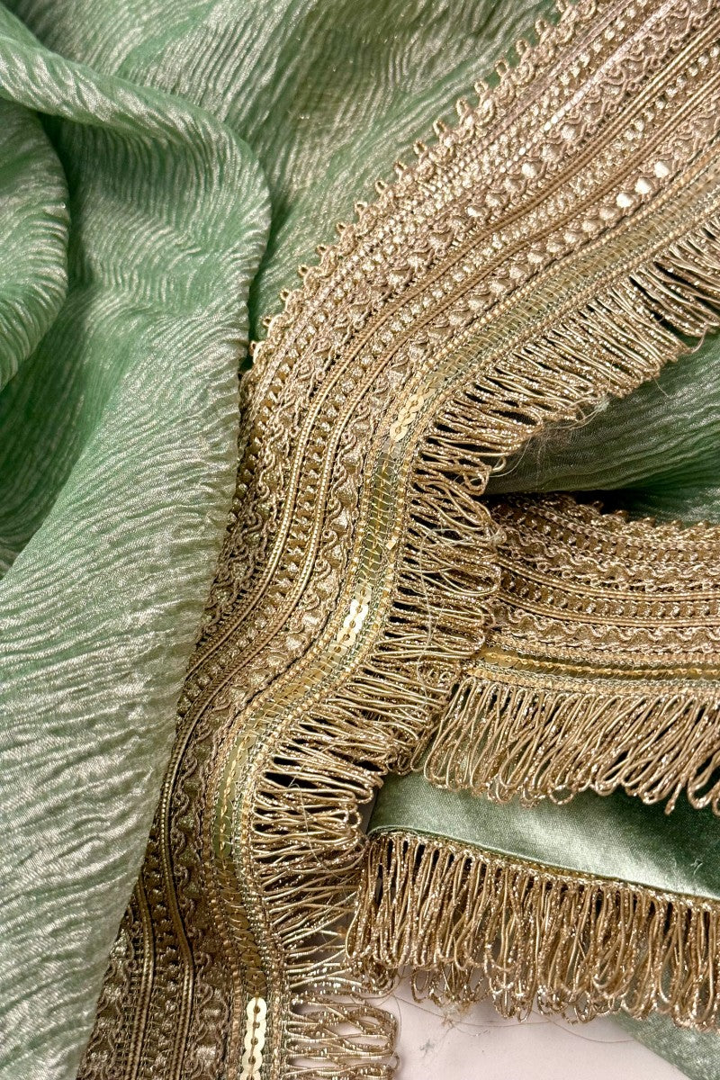 Sage Green Pure Tissue Silk Crushed Handwoven Banarasi Saree