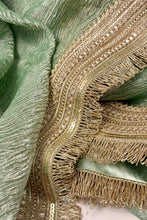 Load image into Gallery viewer, Sage Green Pure Tissue Silk Crushed Handwoven Banarasi Saree
