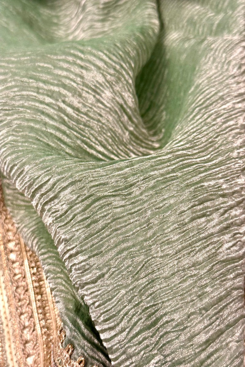 Sage Green Pure Tissue Silk Crushed Handwoven Banarasi Saree