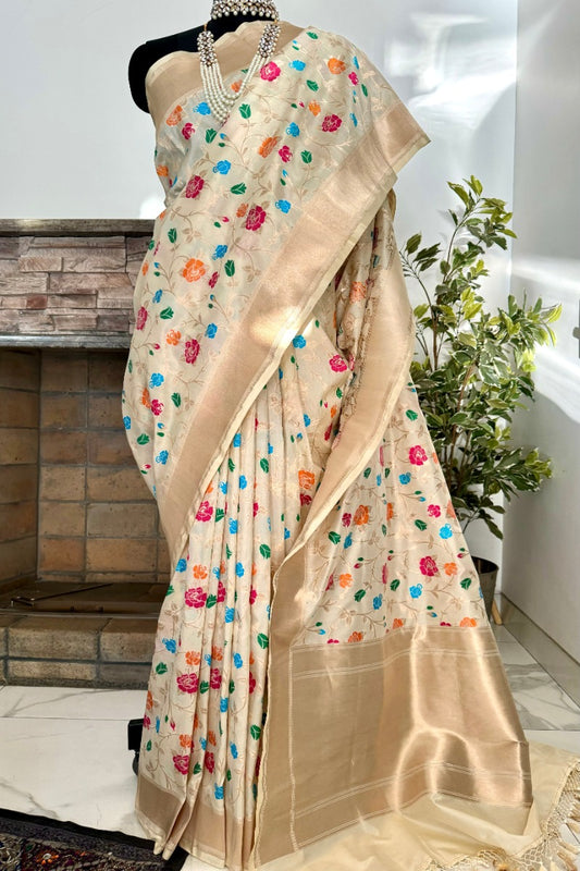 Off White Pure Katan Silk Floral Jaal Handwoven Banarasi Saree