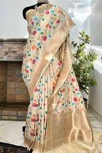 Load image into Gallery viewer, Off White Pure Katan Silk Floral Jaal Handwoven Banarasi Saree
