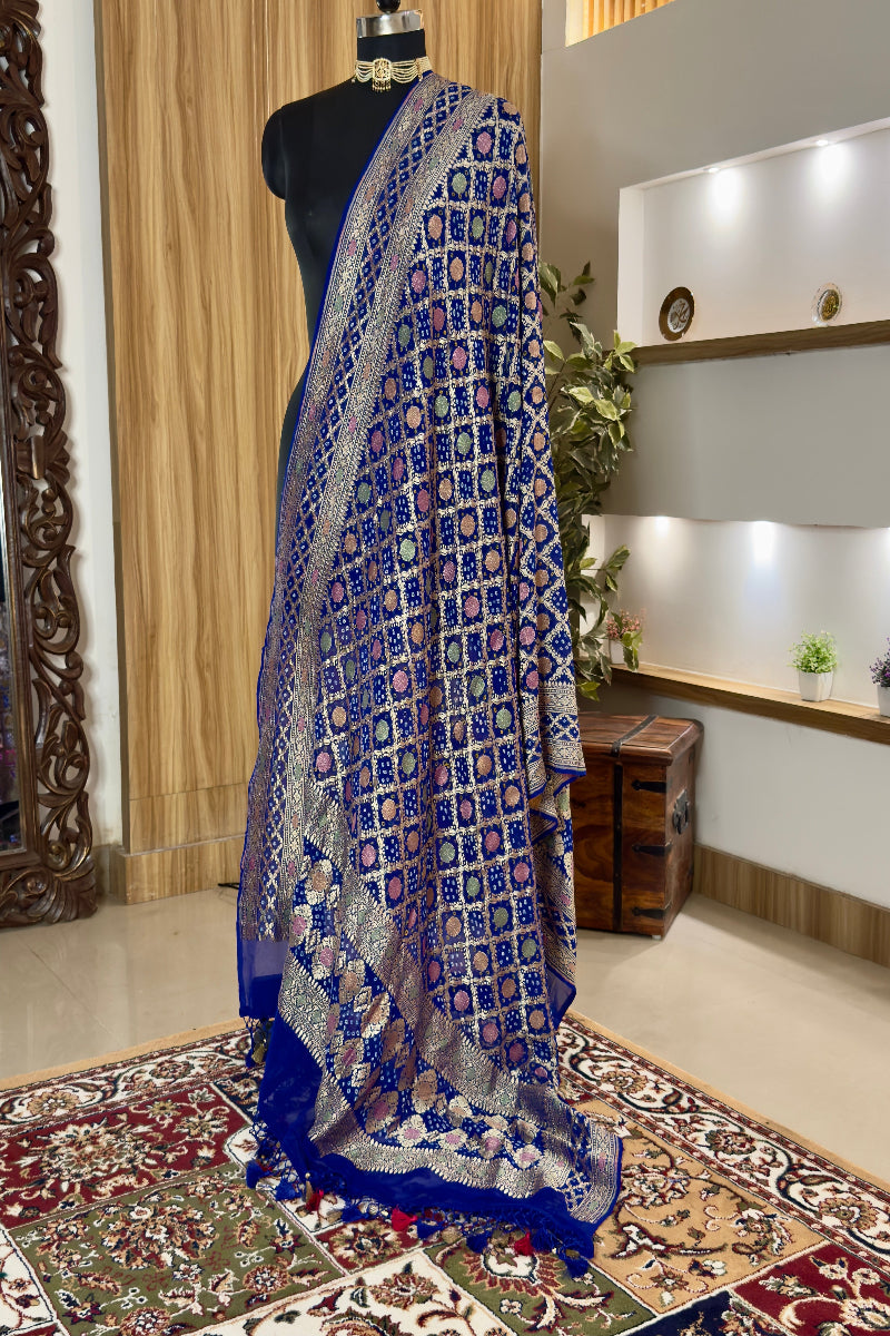 Royal Blue Bandhej  Pure Georgette Silk Handwoven Dupatta