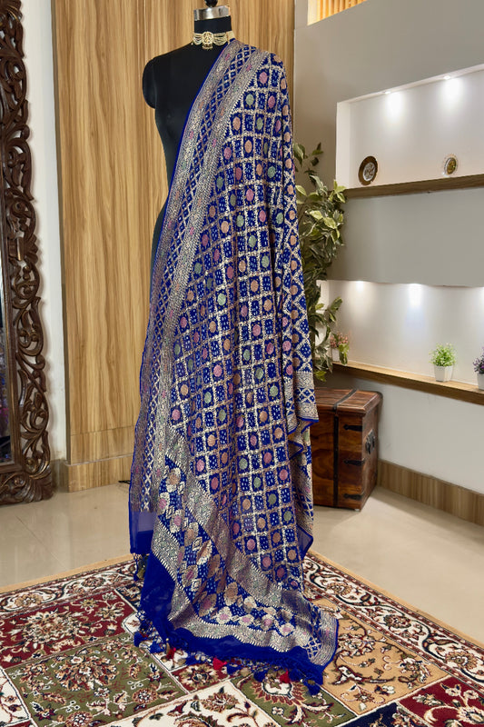 Royal Blue Bandhej  Pure Georgette Silk Handwoven Dupatta