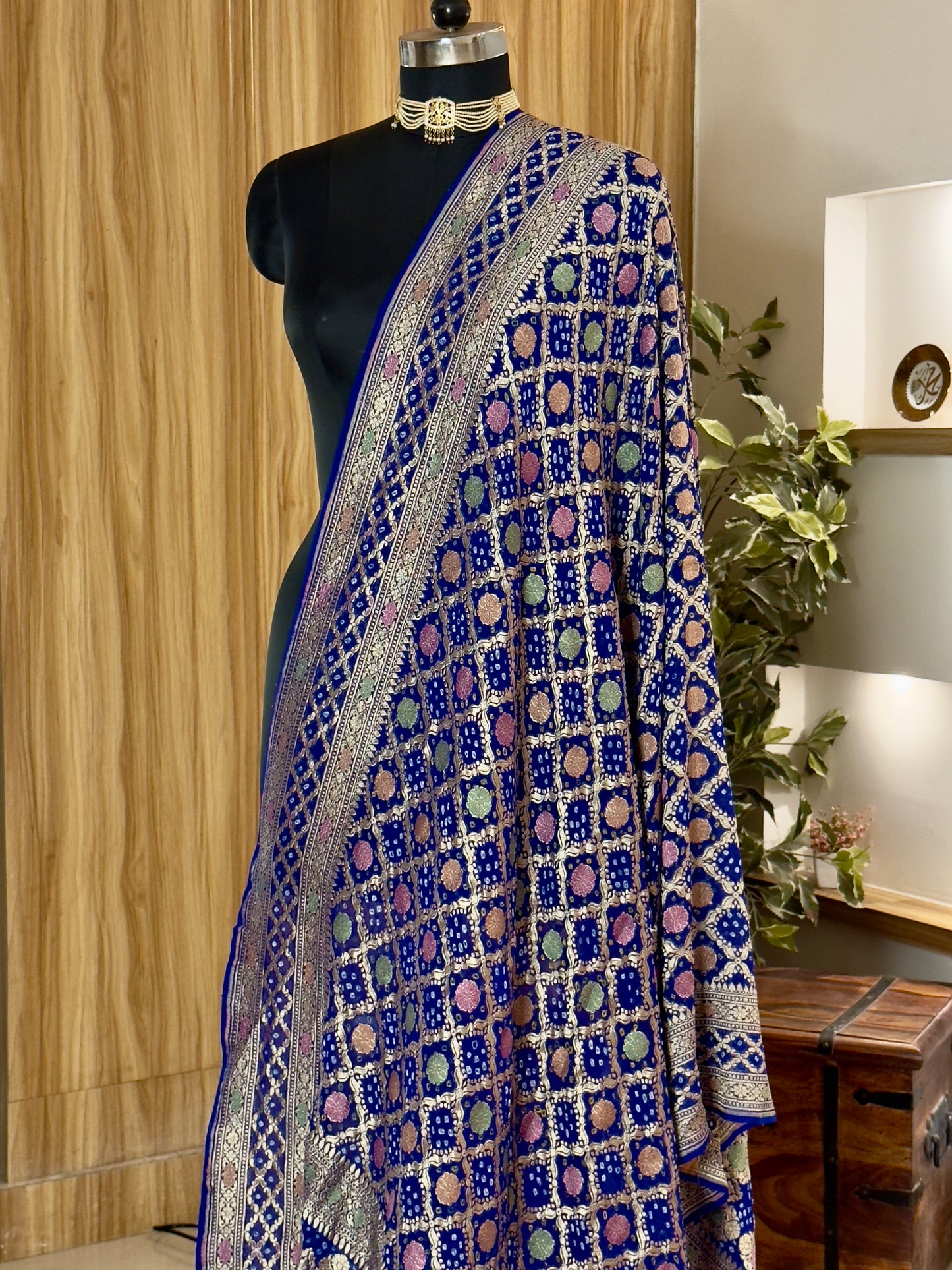 Royal Blue Bandhej  Pure Georgette Silk Handwoven Dupatta
