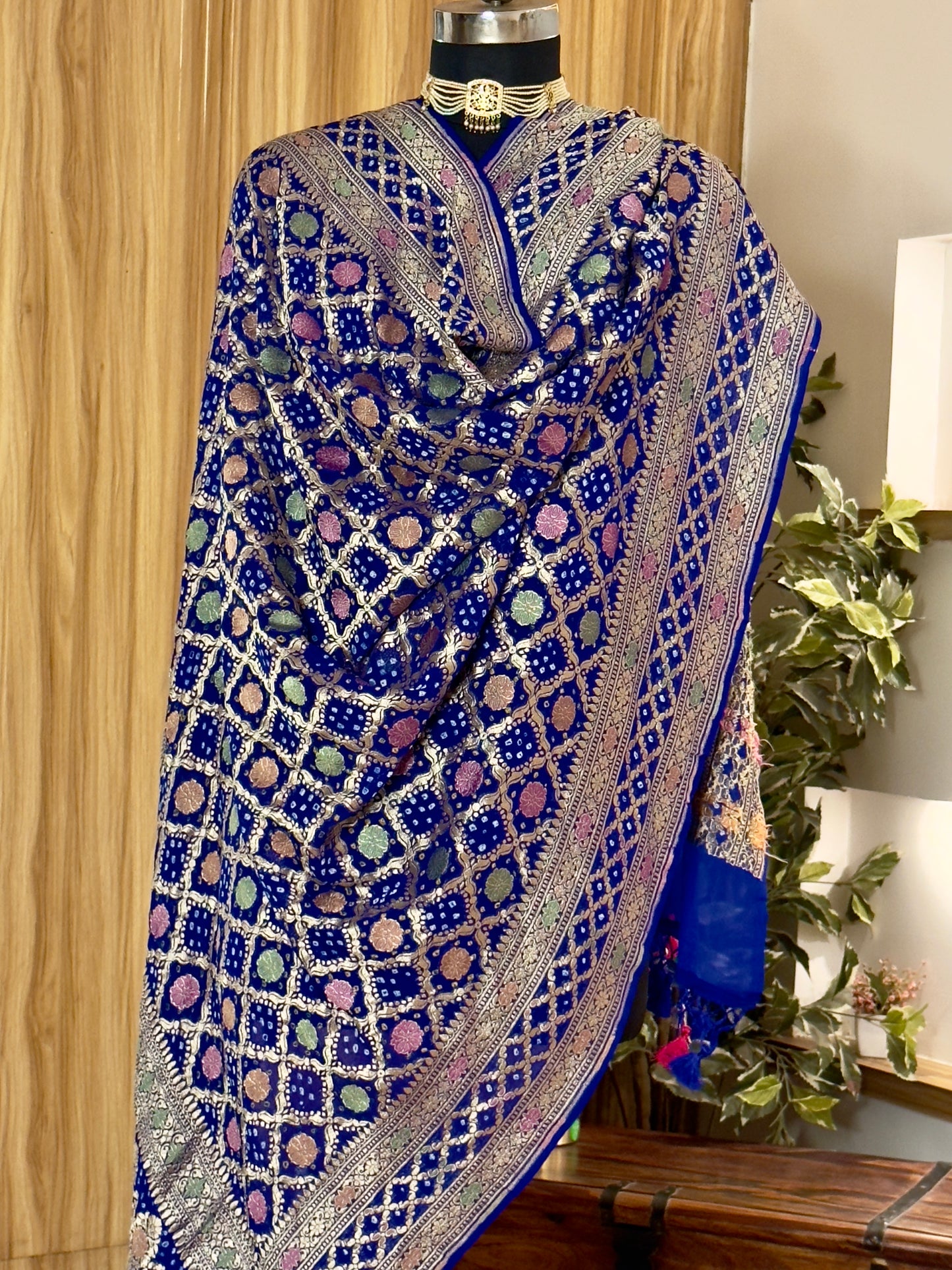 Royal Blue Bandhej  Pure Georgette Silk Handwoven Dupatta
