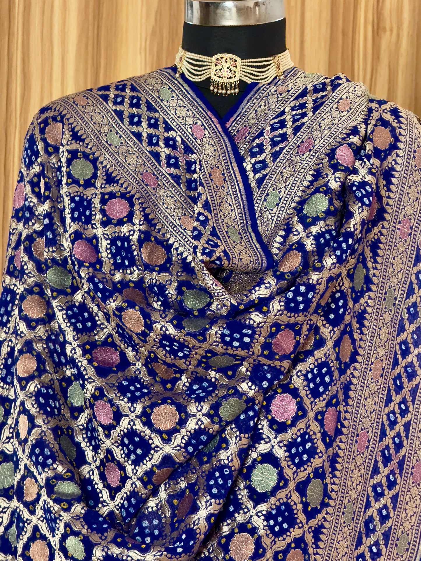 Royal Blue Bandhej  Pure Georgette Silk Handwoven Dupatta