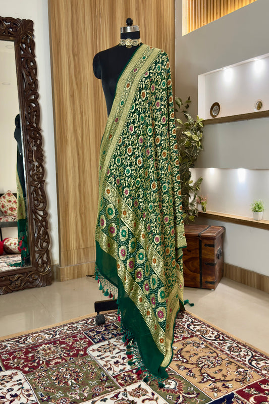 Bottle Green  Pure Georgette Silk Handwoven Dupatta