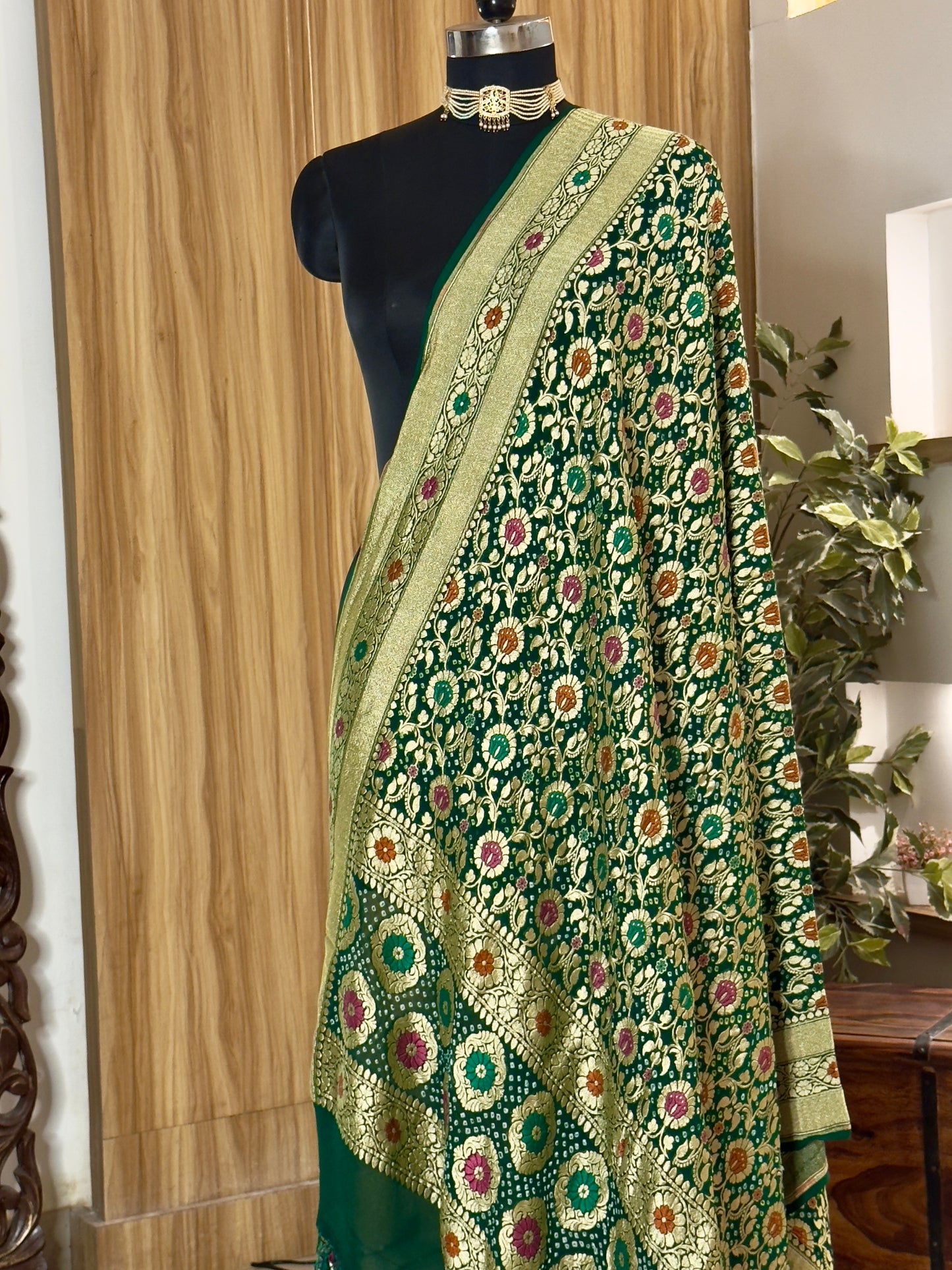 Bottle Green  Pure Georgette Silk Handwoven Dupatta