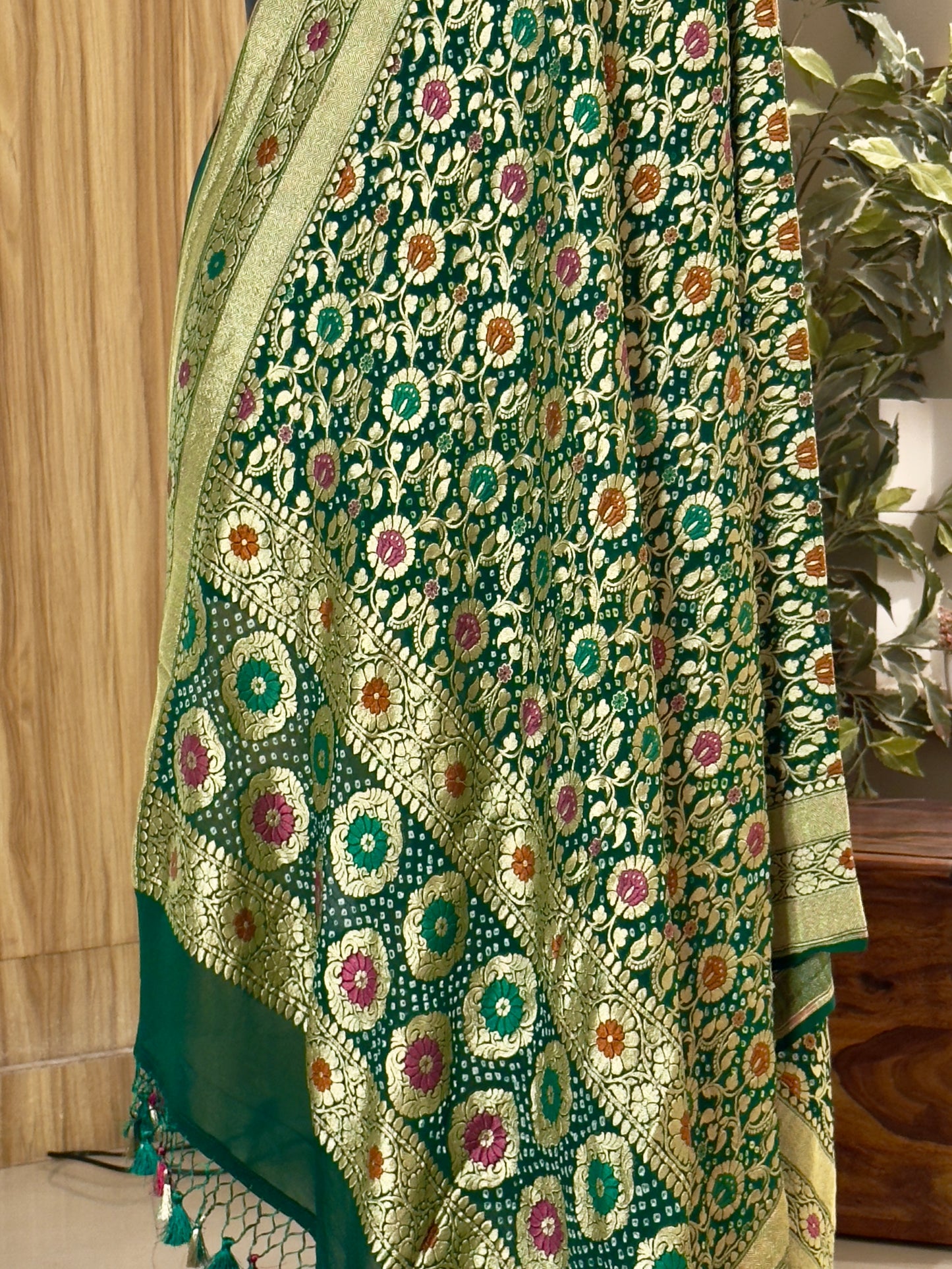 Bottle Green  Pure Georgette Silk Handwoven Dupatta