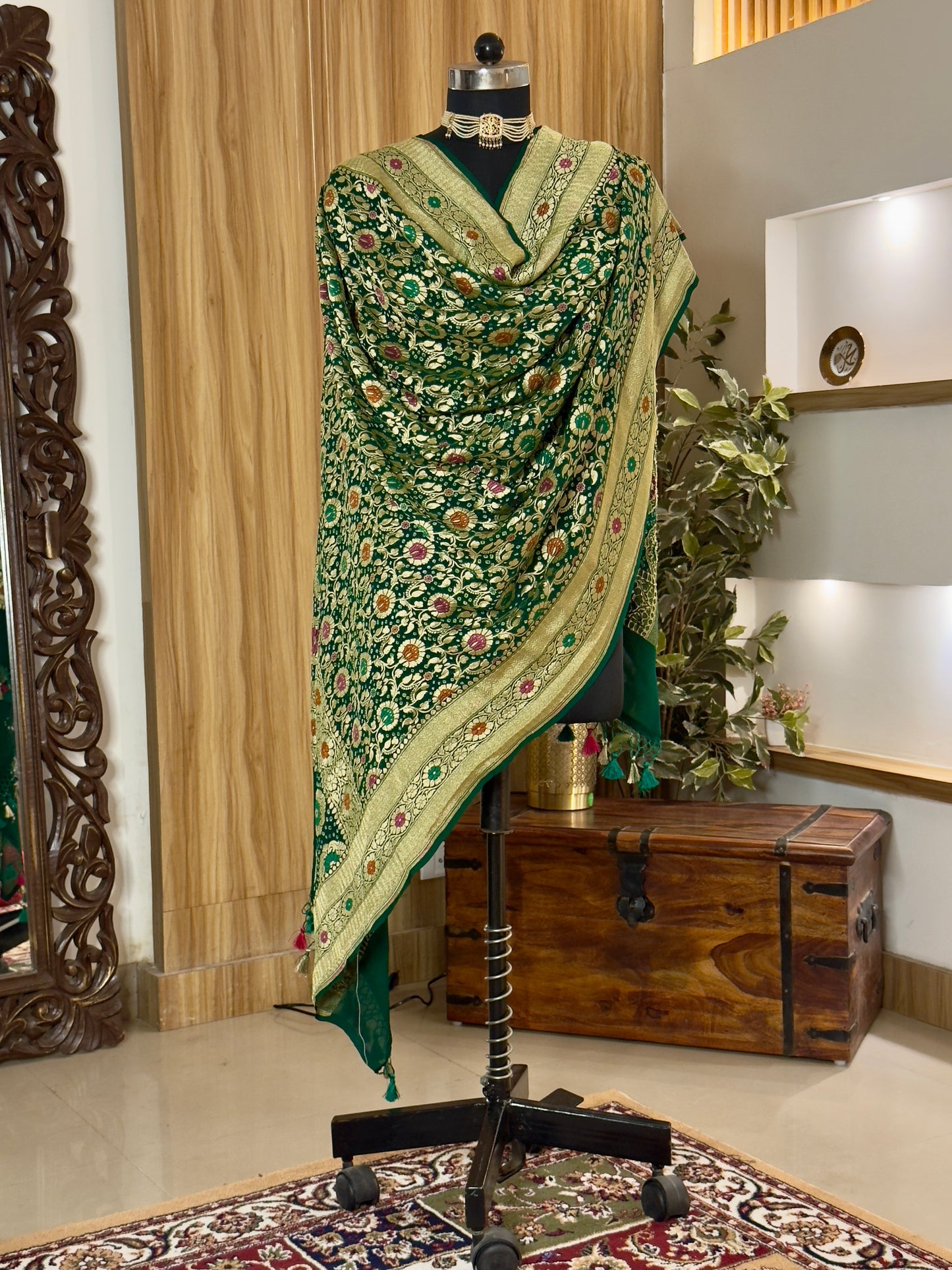Bottle Green  Pure Georgette Silk Handwoven Dupatta