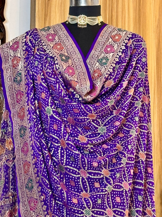 Deep Purple Bandhej  Pure Georgette Silk Handwoven Dupatta