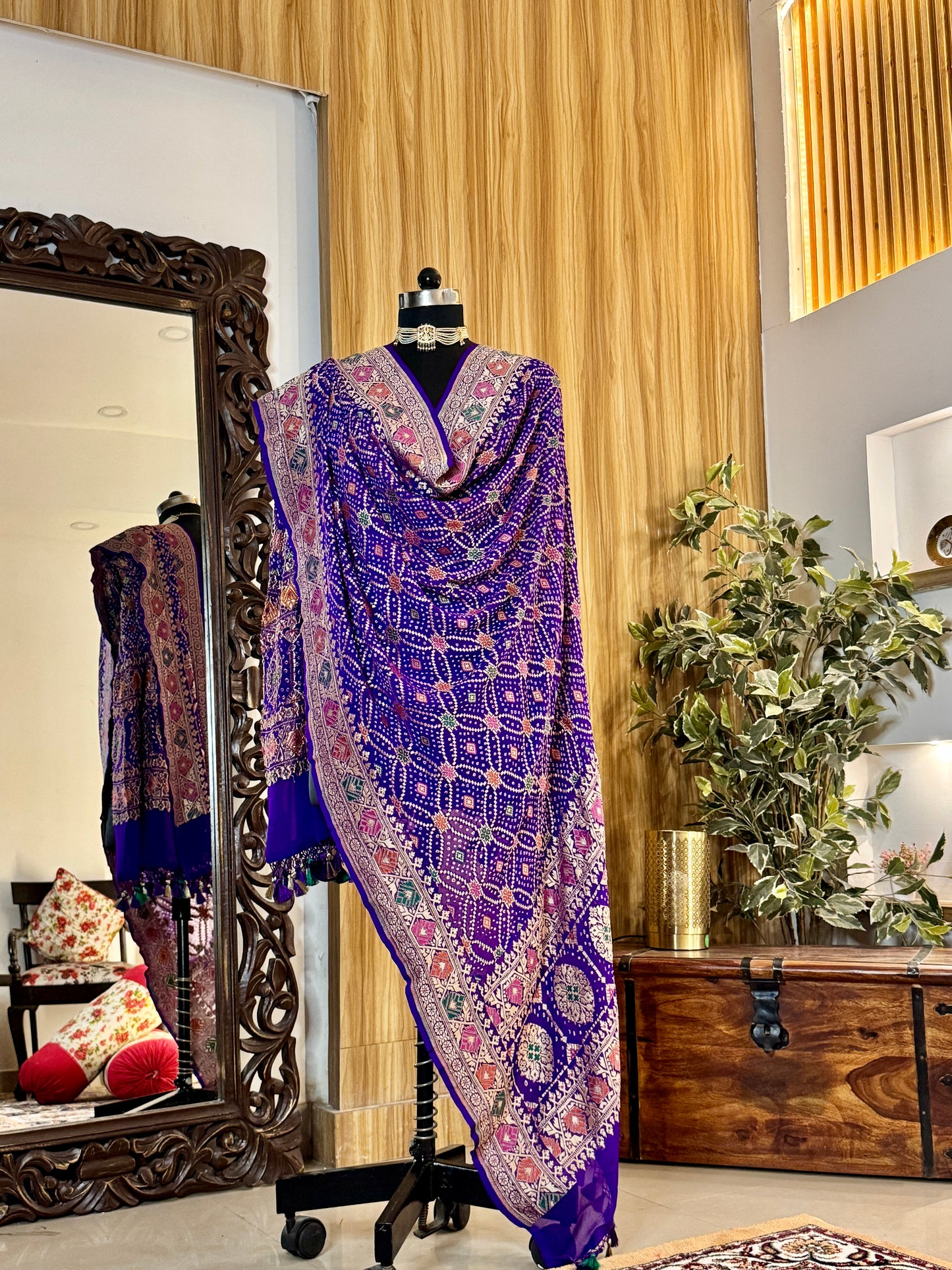 Deep Purple Bandhej  Pure Georgette Silk Handwoven Dupatta