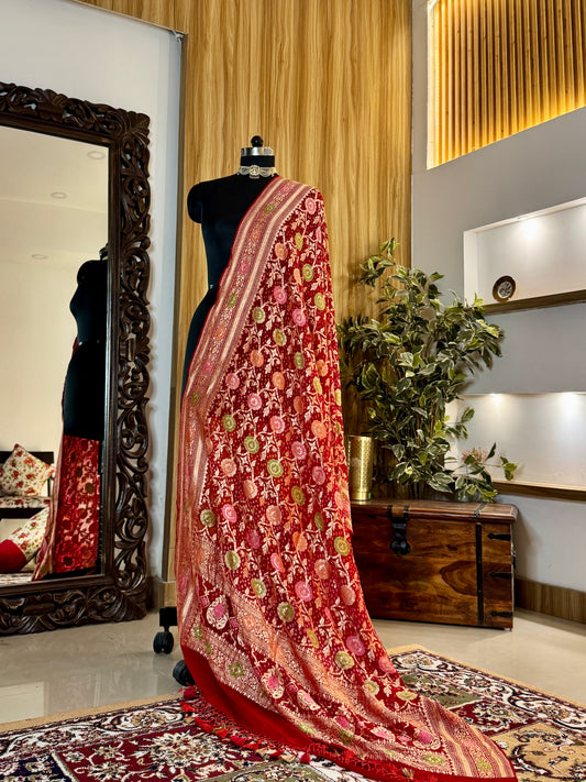 Watermelon Red Pure Georgette Silk Handwoven Dupatta