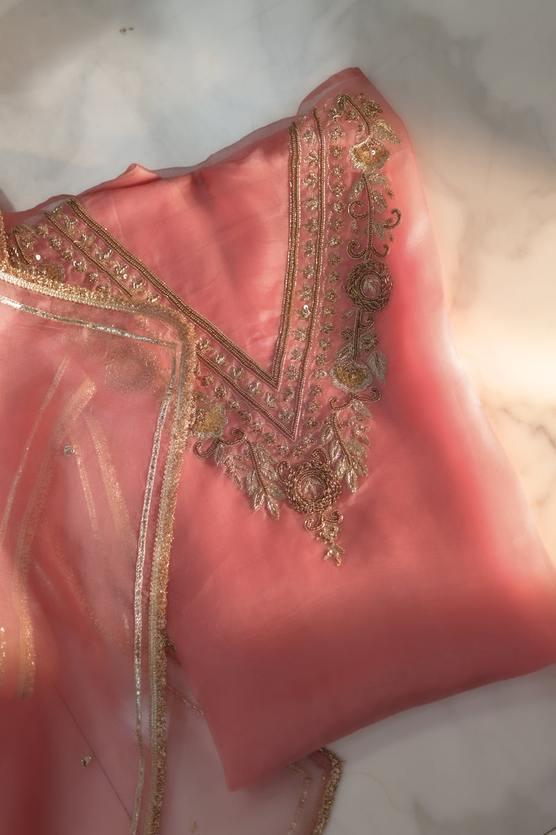 Peach Pink Pure Kora Silk Hand Embroidery Suit Set