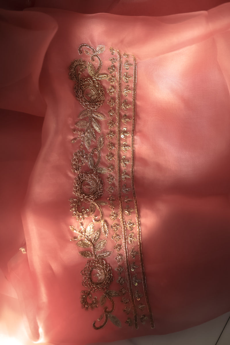 Peach Pink Pure Kora Silk Hand Embroidery Suit Set