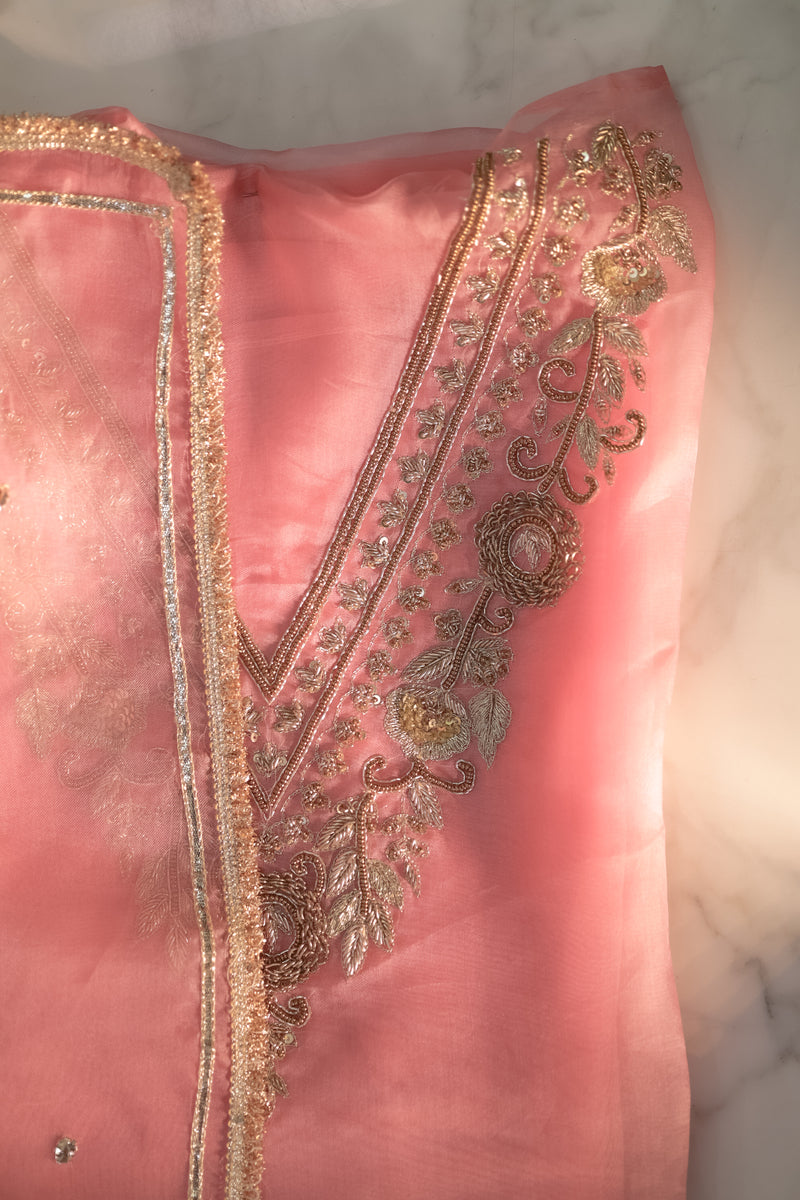 Peach Pink Pure Kora Silk Hand Embroidery Suit Set