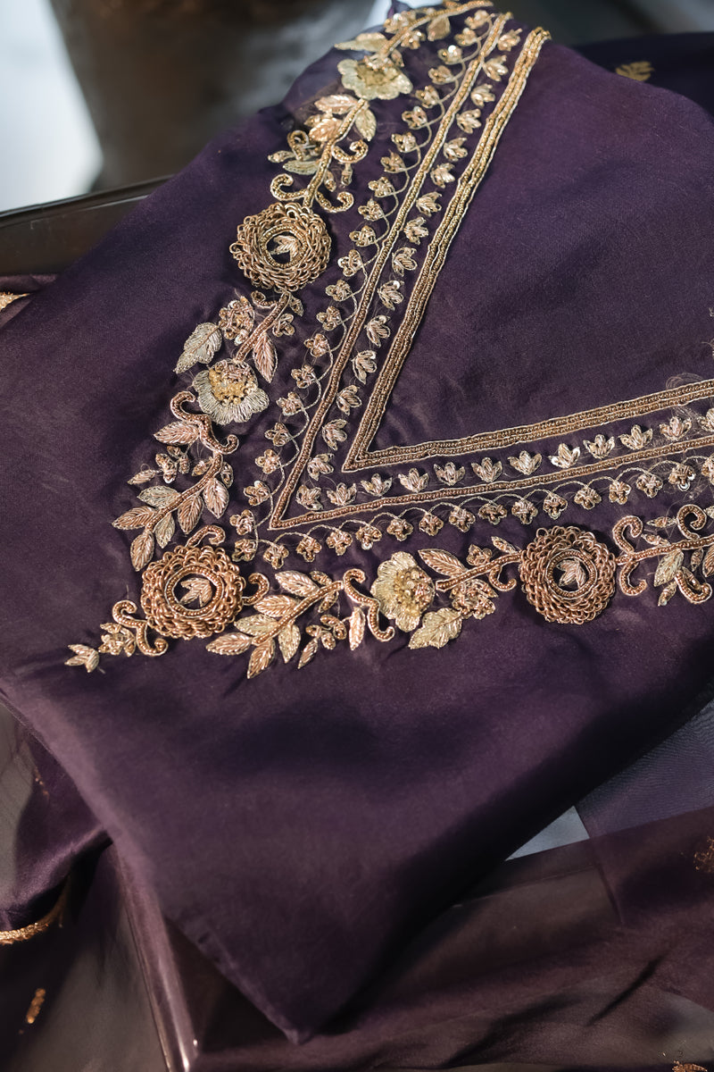 Ink Blue Pure Kora Silk Hand Embroidery Suit Set