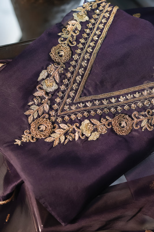 Ink Blue Pure Kora Silk Hand Embroidery Suit Set