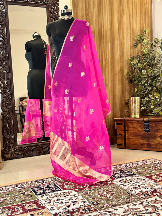 Fuchsia Pink  Pure Kora Silk Handwoven Dupatta