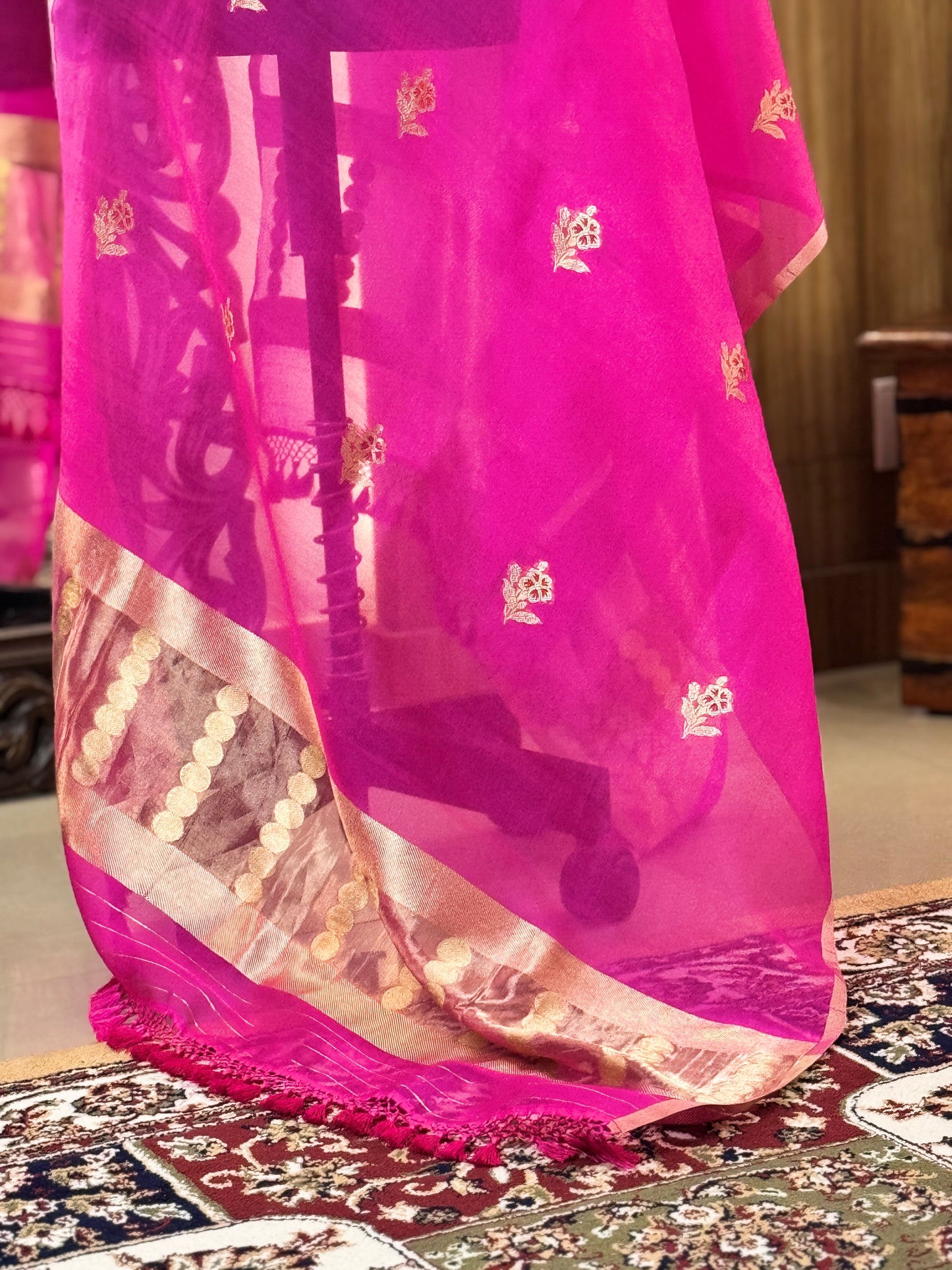 Fuchsia Pink  Pure Kora Silk Handwoven Dupatta