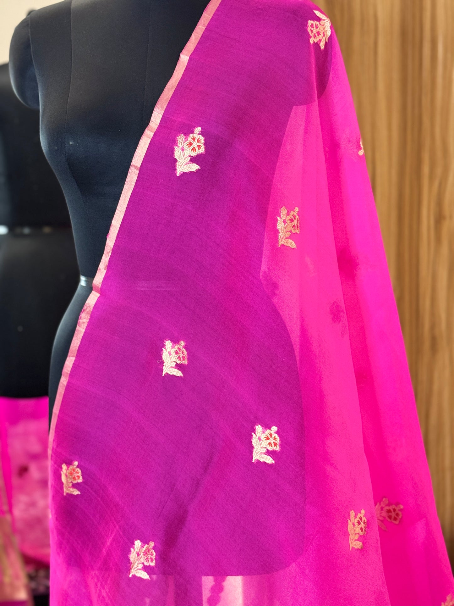 Fuchsia Pink  Pure Kora Silk Handwoven Dupatta