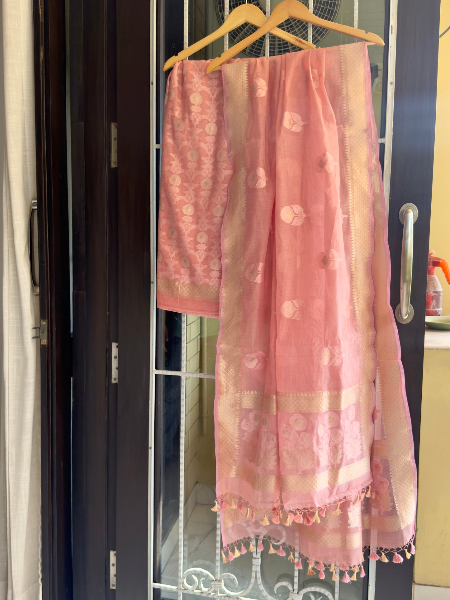 Peach Pure Kora Cotton Handloom Banarasi Suit Set