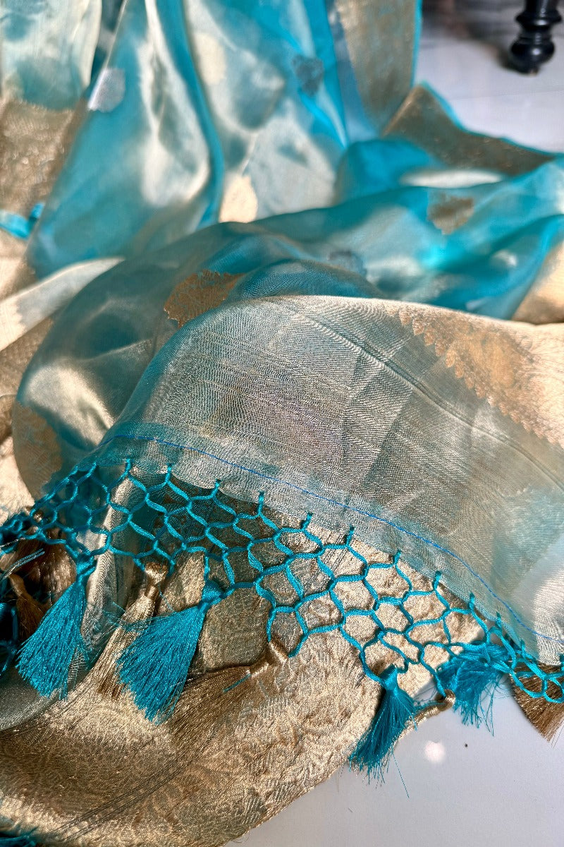 Aqua Blue Pure Tissue Silk Handwoven Banarasi Saree