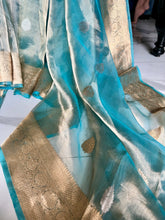 Load image into Gallery viewer, Aqua Blue Pure Tissue Silk Handwoven Banarasi Saree
