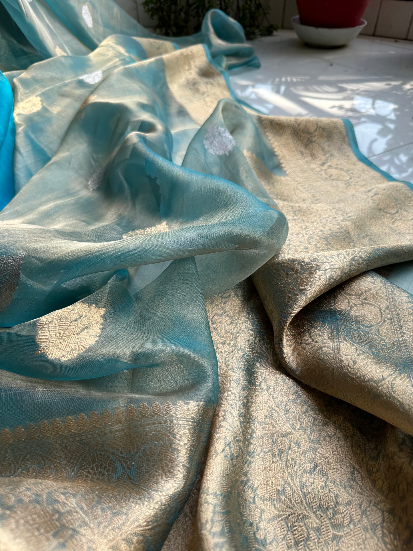 Sky Blue Pure Tissue Silk Handwoven Banarasi Saree