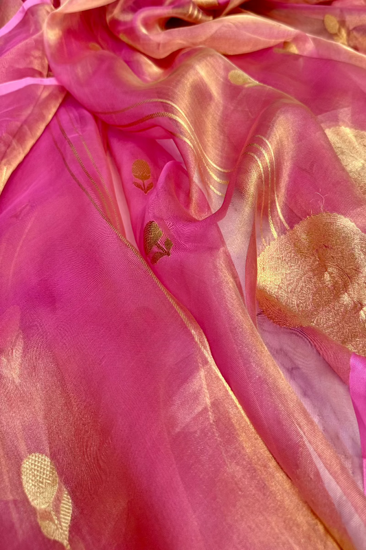 Pink Golden Pure Tissue Silk Handwoven Banarasi Saree