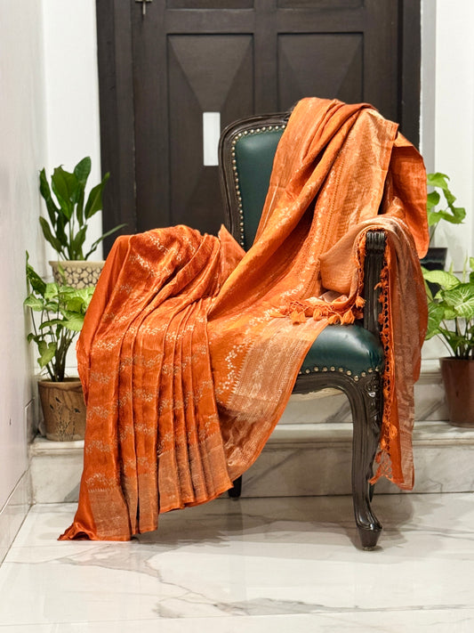 Burnt Orange Pure Mashru Silk Handwoven Banarasi Saree
