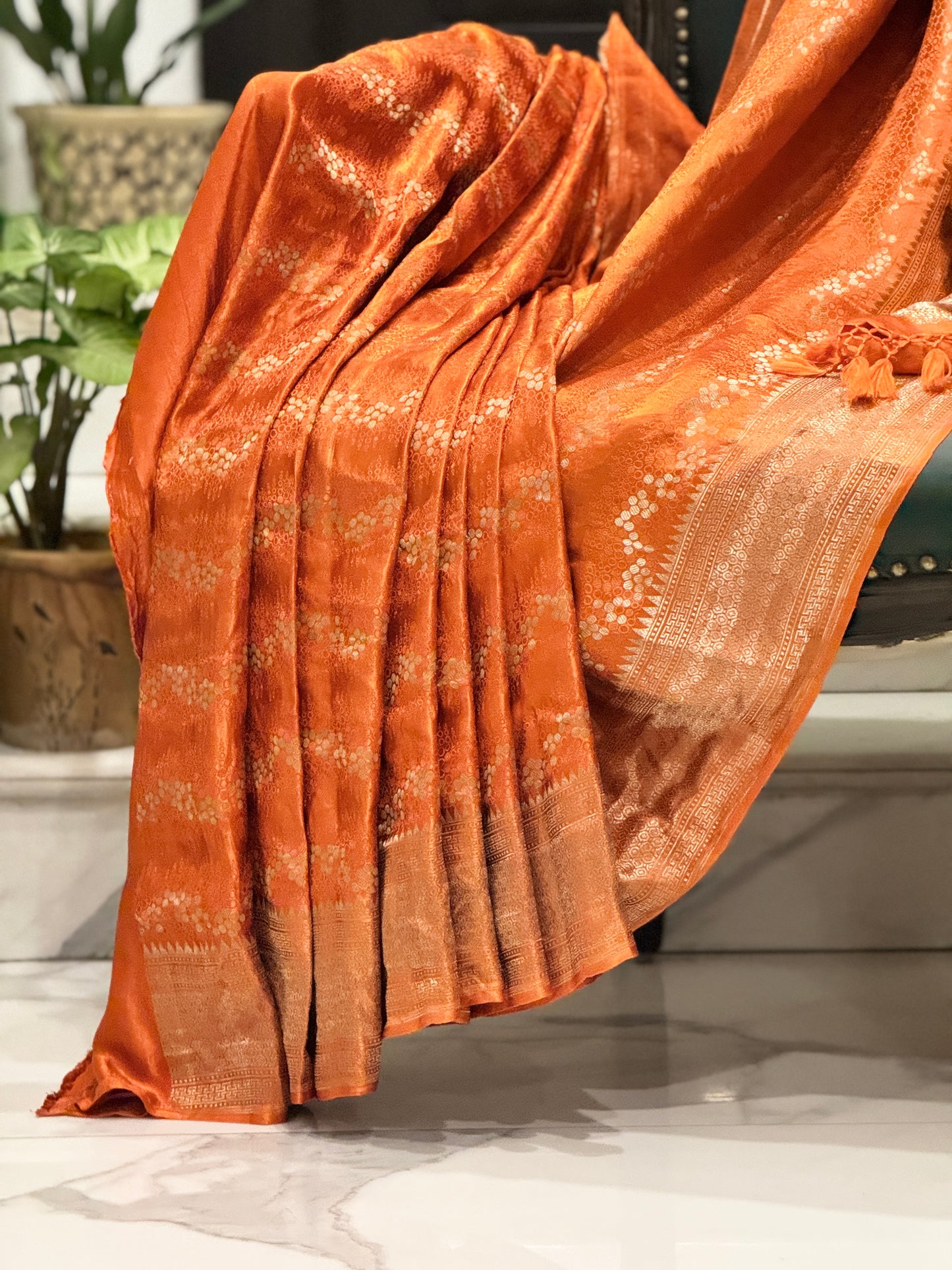 Burnt Orange Pure Mashru Silk Handwoven Banarasi Saree