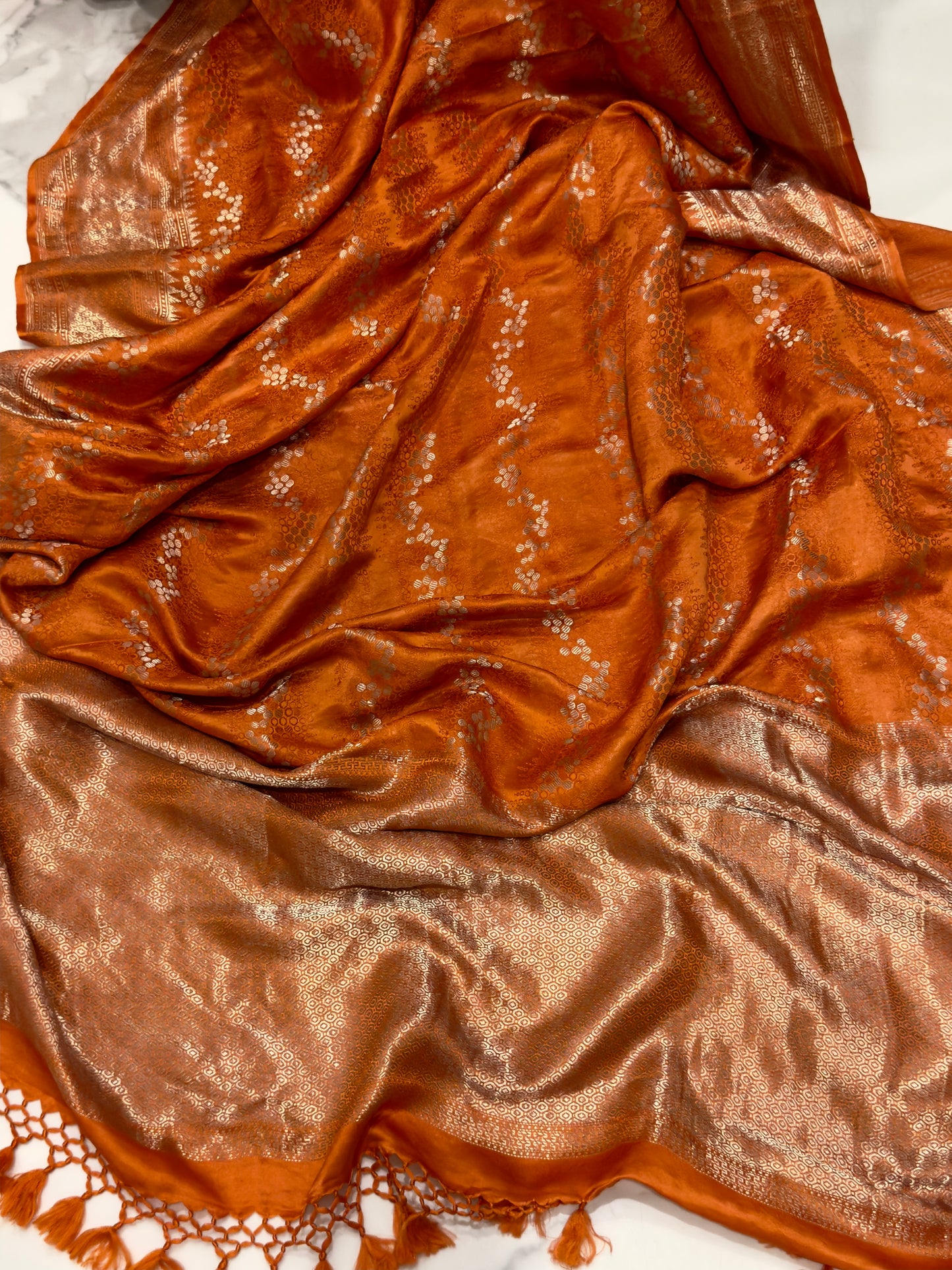 Burnt Orange Pure Mashru Silk Handwoven Banarasi Saree
