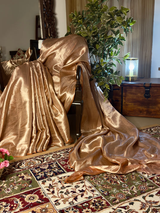 Peach Rose Gold Pure Tissue Handwoven Banarasi Saree