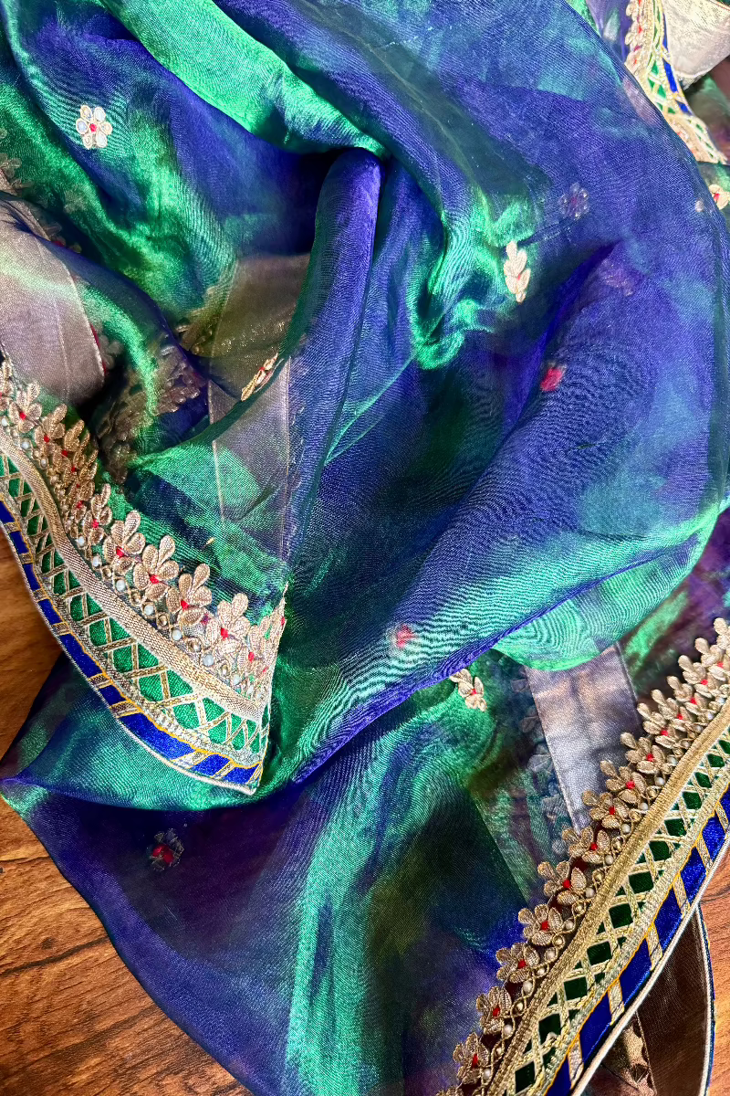 Green Blue Pure Tissue Silk Hand work Dupatta