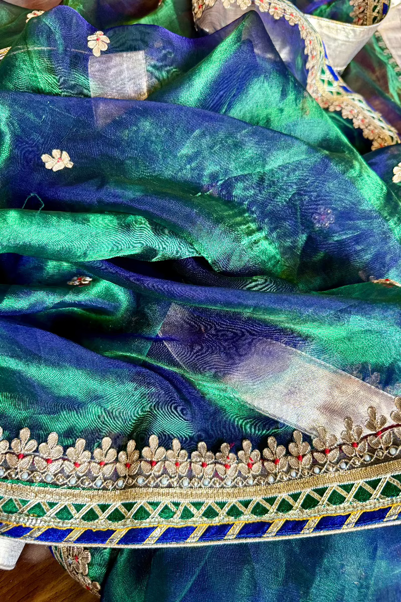 Green Blue Pure Tissue Silk Hand work Dupatta